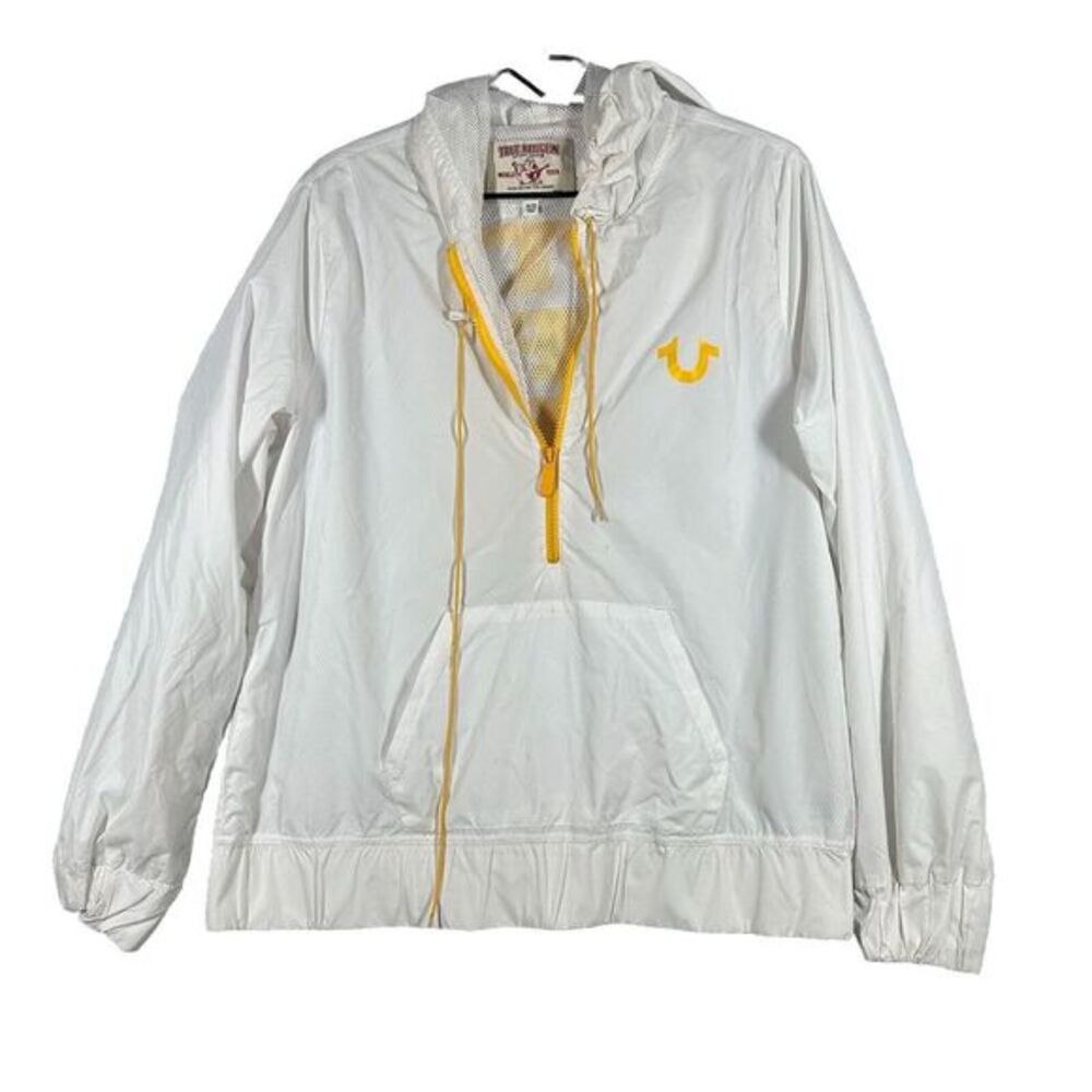 True Religion‎ Windbreaker Jacket Womens XL Hooded Half Zip Mesh Lined White